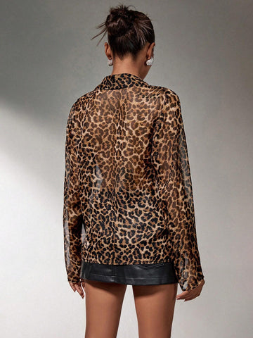 SXY 1pc Women's Elegant Commuter Leopard Print Chiffon Blouse, Long Sleeve, Autumn