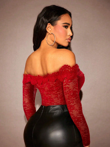 1pc Women's Solid Color Off-Shoulder Long Sleeve Lace Bodysuit, Fashionable And Elegant