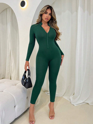 1pc Zip-Up High-Neck Fitted Long Sleeve One-Piece Jumpsuit