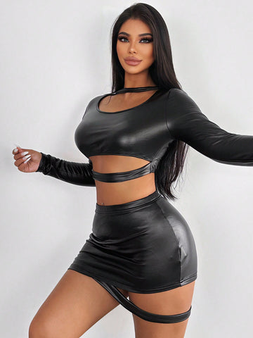 2024 New Fashion Sexy Slimming Black Leather Long-Sleeved Dress