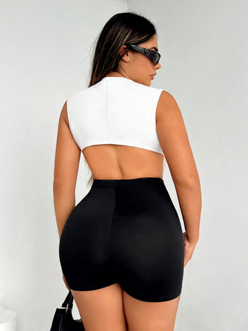 2pcs/Set Car Pattern Printed Split Hem Tank Top And Cycling Shorts