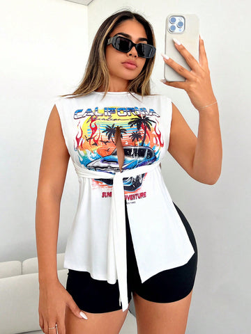 2pcs/Set Car Pattern Printed Split Hem Tank Top And Cycling Shorts