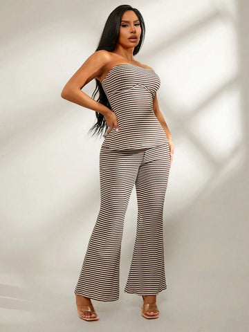 2pcs/Set Comfortable Casual Home Outfit - Beige Stripe Knitted Camisole Top & Slim Flared Pants, Autumn/Winter