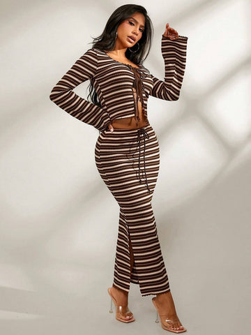 2pcs/Set Comfy Casual Home & Outdoor Colorful Knitted Striped Outfit, Long Sleeve Drawstring Top & Low-Waist Long Skirt, Autumn/Winter