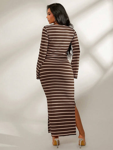 2pcs/Set Comfy Casual Home & Outdoor Colorful Knitted Striped Outfit, Long Sleeve Drawstring Top & Low-Waist Long Skirt, Autumn/Winter