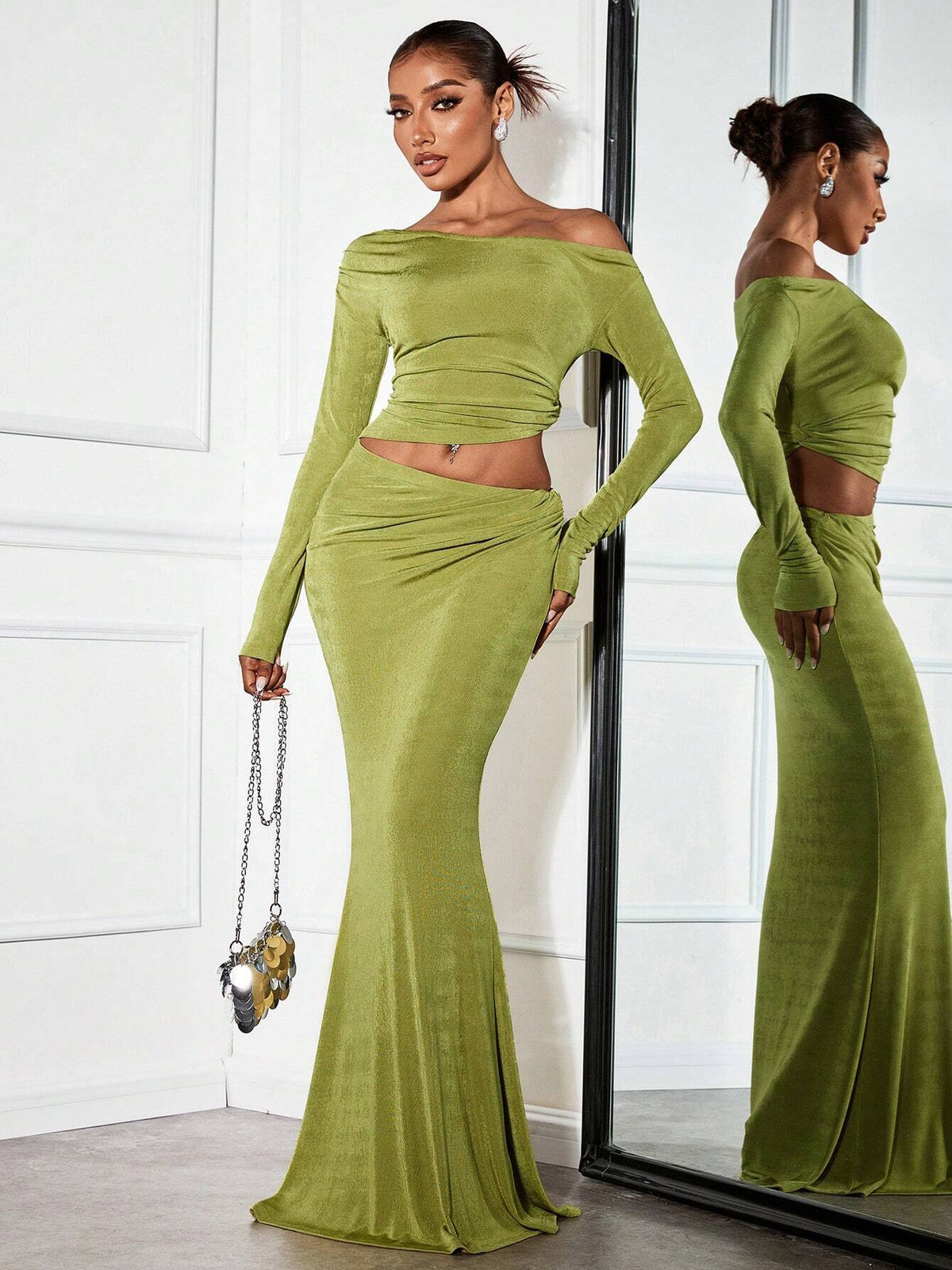 2pcs/Set Off-Shoulder Long Sleeve Top And Green Bodycon Skirt Set, Fall/Winter