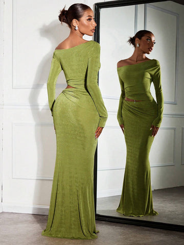 2pcs/Set Off-Shoulder Long Sleeve Top And Green Bodycon Skirt Set, Fall/Winter