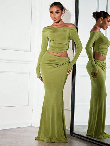 2pcs/Set Off-Shoulder Long Sleeve Top And Green Bodycon Skirt Set, Fall/Winter