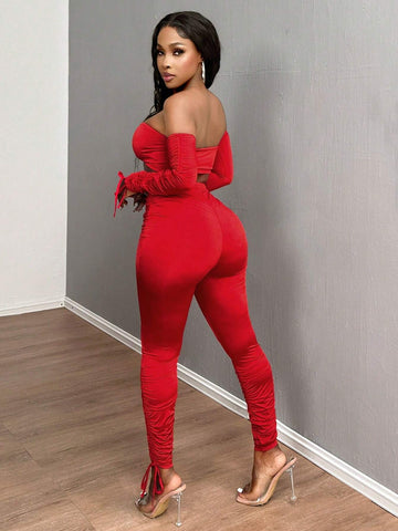 2pcs/Set Red Off-Shoulder Ruched Fitted Top & Skinny Leggings Fall Clothes Women