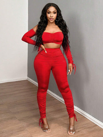 2pcs/Set Red Off-Shoulder Ruched Fitted Top & Skinny Leggings Fall Clothes Women