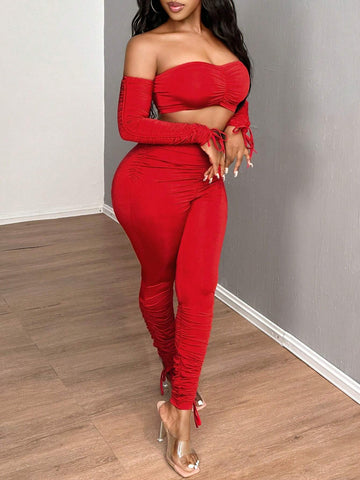 2pcs/Set Red Off-Shoulder Ruched Fitted Top & Skinny Leggings Fall Clothes Women