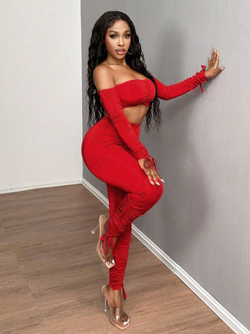 2pcs/Set Red Off-Shoulder Ruched Fitted Top & Skinny Leggings Fall Clothes Women