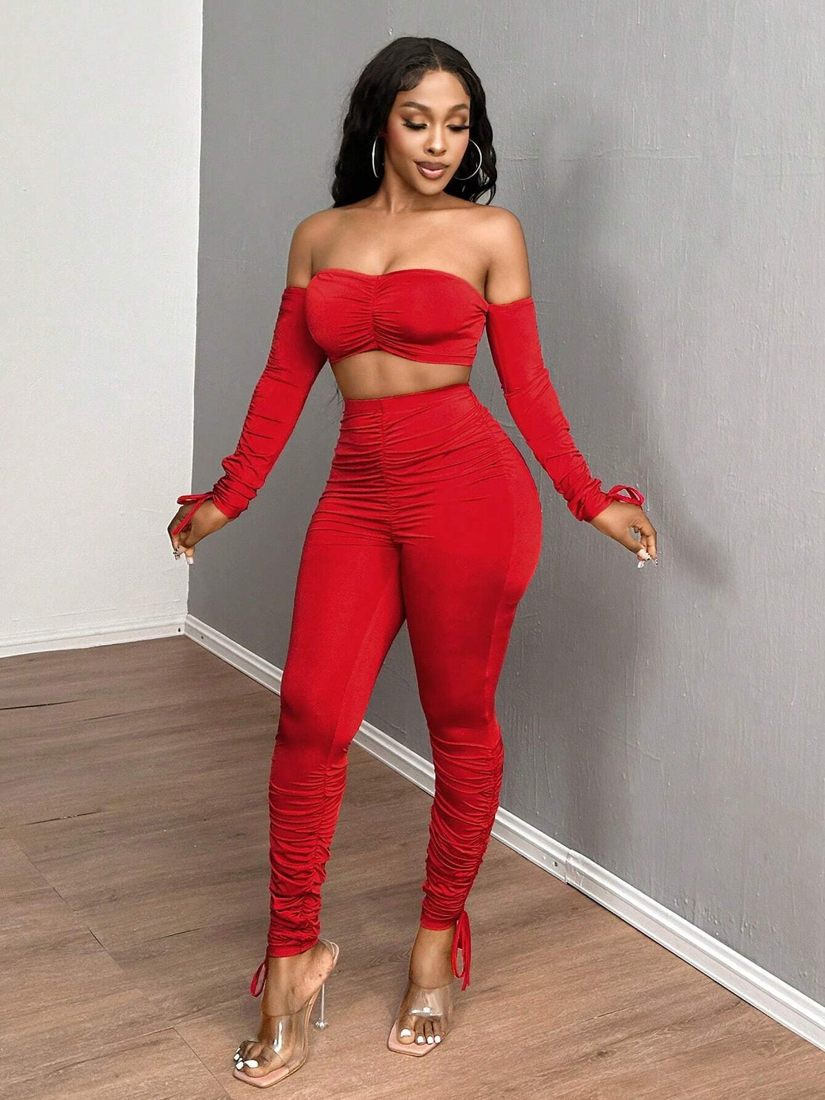 2pcs/Set Red Off-Shoulder Ruched Fitted Top & Skinny Leggings Fall Clothes Women