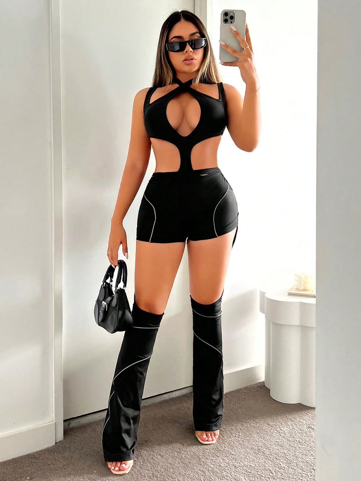 2pcs/Set Summer Outfit With Reflective Strip Flared Pants And Hollow Out Criss-Cross Jumpsuit