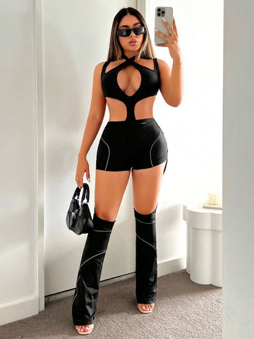 2pcs/Set Summer Outfit With Reflective Strip Flared Pants And Hollow Out Criss-Cross Jumpsuit