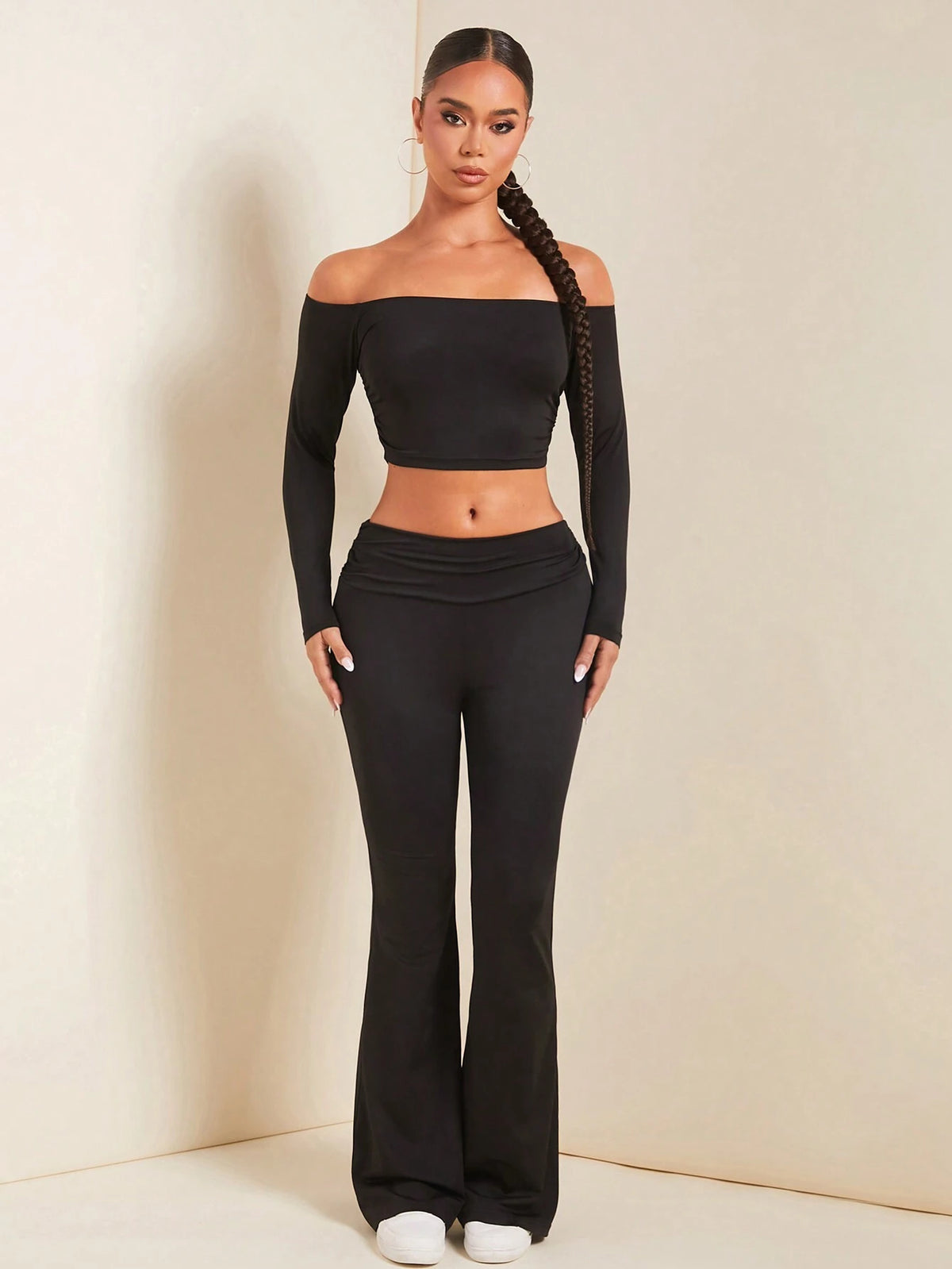 2pcs/Set Women Spring Autumn Off Shoulder Long Sleeve Cropped Top And Pleated Flare Pants Elegant Set