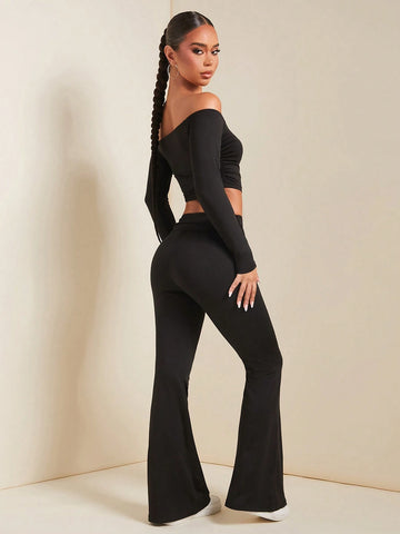 2pcs/Set Women Spring Autumn Off Shoulder Long Sleeve Cropped Top And Pleated Flare Pants Elegant Set