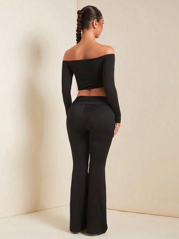 2pcs/Set Women Spring Autumn Off Shoulder Long Sleeve Cropped Top And Pleated Flare Pants Elegant Set