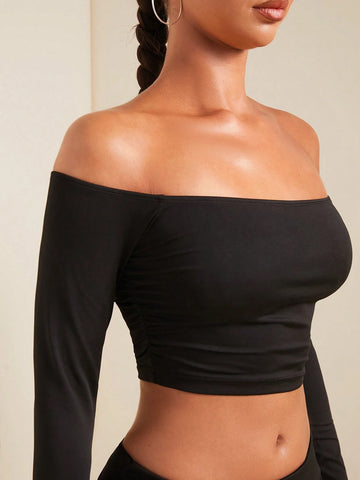 2pcs/Set Women Spring Autumn Off Shoulder Long Sleeve Cropped Top And Pleated Flare Pants Elegant Set