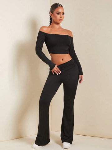 2pcs/Set Women Spring Autumn Off Shoulder Long Sleeve Cropped Top And Pleated Flare Pants Elegant Set