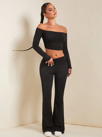 2pcs/Set Women Spring Autumn Off Shoulder Long Sleeve Cropped Top And Pleated Flare Pants Elegant Set
