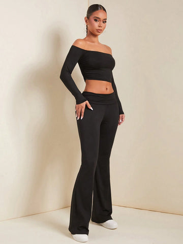 2pcs/Set Women Spring Autumn Off Shoulder Long Sleeve Cropped Top And Pleated Flare Pants Elegant Set