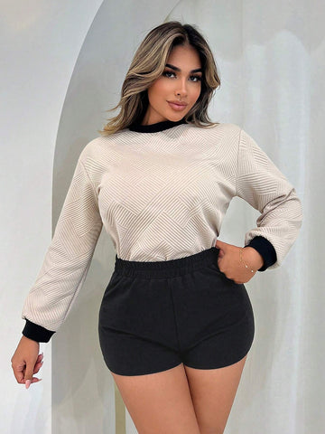 2pcs/Set Women's Colorblock Crew Neck Long Sleeve Top And Shorts Casual Outfit