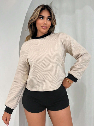 2pcs/Set Women's Colorblock Crew Neck Long Sleeve Top And Shorts Casual Outfit