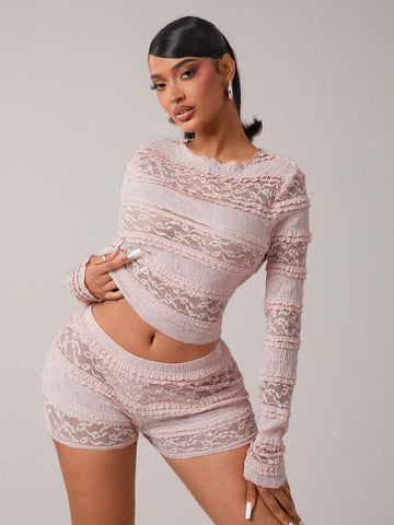 2pcs Casual Pink Lace Lingerie Set, Long Sleeve Top & Shorts