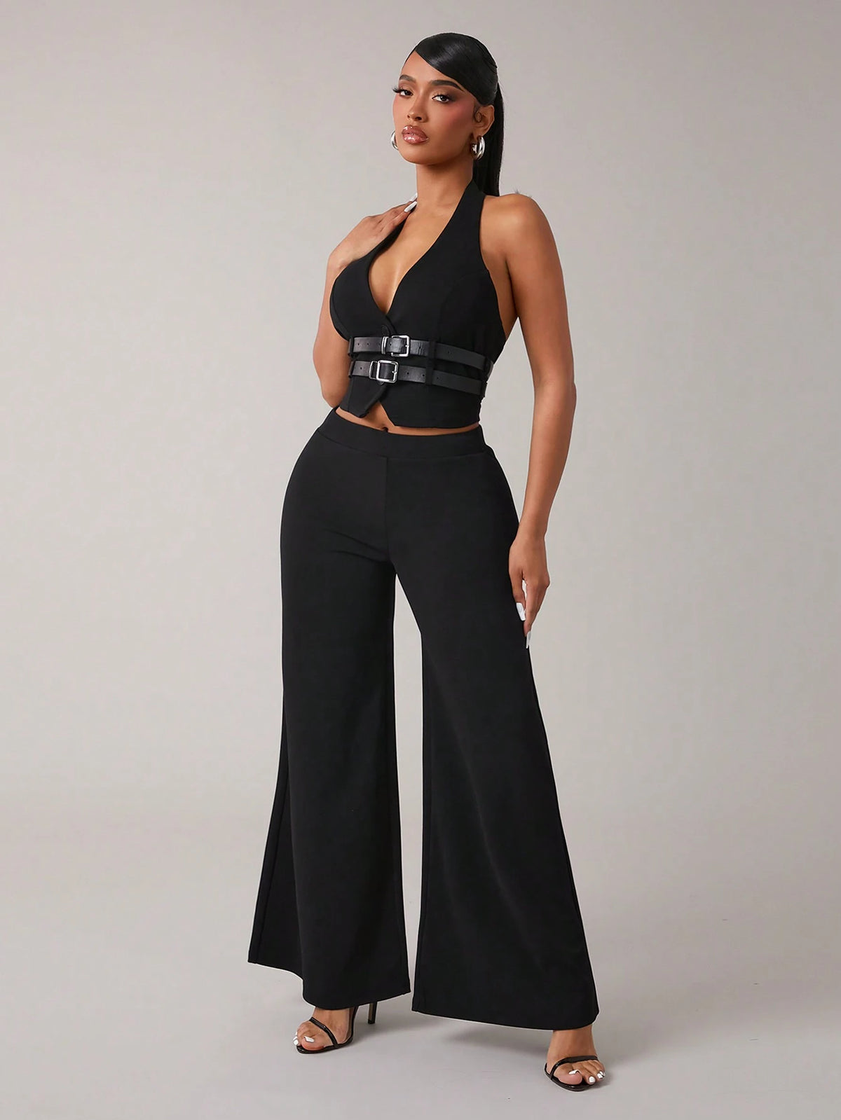 2pcs Set Black Casual Commuter Halter Neck Top & Pants Suit