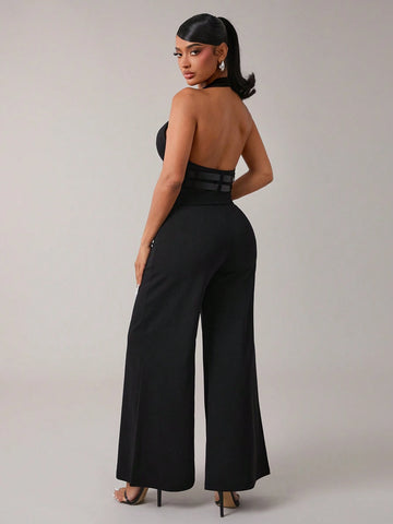2pcs Set Black Casual Commuter Halter Neck Top & Pants Suit