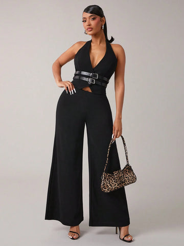 2pcs Set Black Casual Commuter Halter Neck Top & Pants Suit