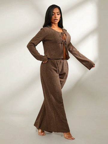 2pcs Set Brown Comfortable Casual Home Outfit, Long Sleeve Cardigan + Wide Leg Low Waist Pants, Autumn/Winter