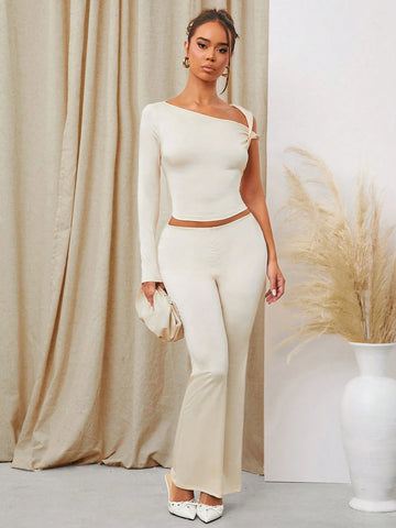 2pcs Women"S Casual Elegant Sexy High-Stretch Fabric Homewear Top And Pant Set, Autumn Winter