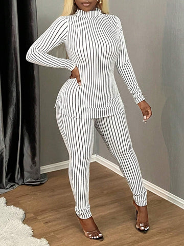 2pcs Women Black & White Striped Casual Homewear Set - T-Shirt And Leggings, For Autumn