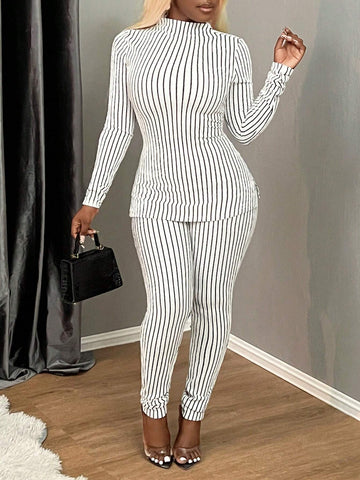 2pcs Women Black & White Striped Casual Homewear Set - T-Shirt And Leggings, For Autumn