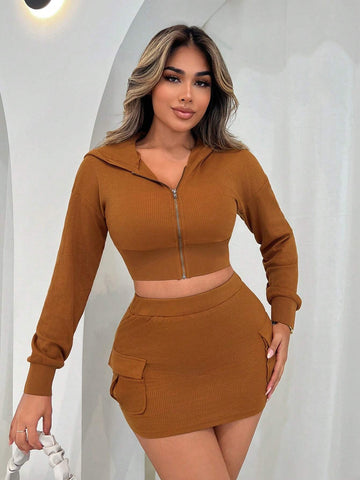 2pcs Women Solid Color Zip Front Hooded Sweatshirt And Mini Skirt Set, Spring/Autumn, Fall Two Piece Outfit