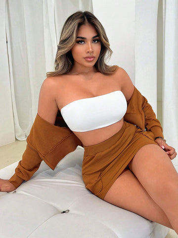 2pcs Women Solid Color Zip Front Hooded Sweatshirt And Mini Skirt Set, Spring/Autumn, Fall Two Piece Outfit