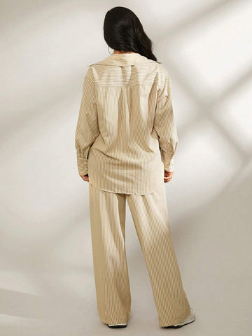3 Pcs Comfortable Casual Homewear Set - Long Sleeve Shirt + Camisole + Wide Leg Pants, Brown Stripe, Suitable For Spring, Autumn And Winter
