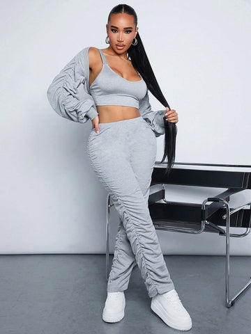 3pcs/Set Ladies' Solid Color Pleated Outfit