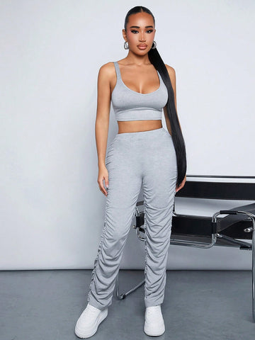 3pcs/Set Ladies' Solid Color Pleated Outfit