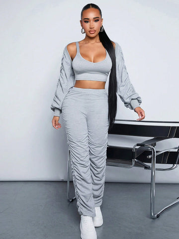 3pcs/Set Ladies' Solid Color Pleated Outfit