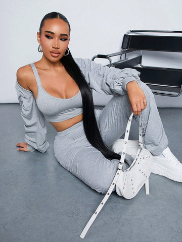 3pcs/Set Ladies' Solid Color Pleated Outfit