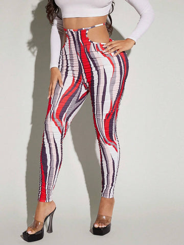 SXY Allover Print Cut Out Waist Leggings