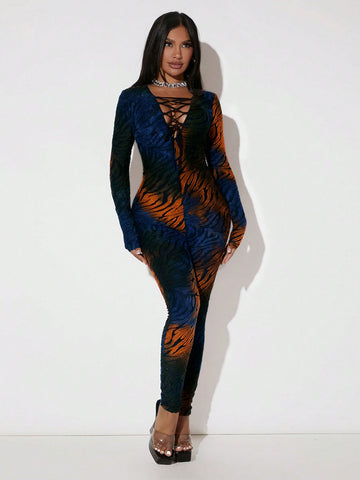 Allover Print Lace Up Front Unitard Jumpsuit