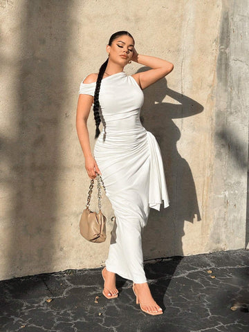 Asymmetrical Neck Draped Side Ruched Bodycon Dress