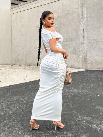 Asymmetrical Neck Draped Side Ruched Bodycon Dress