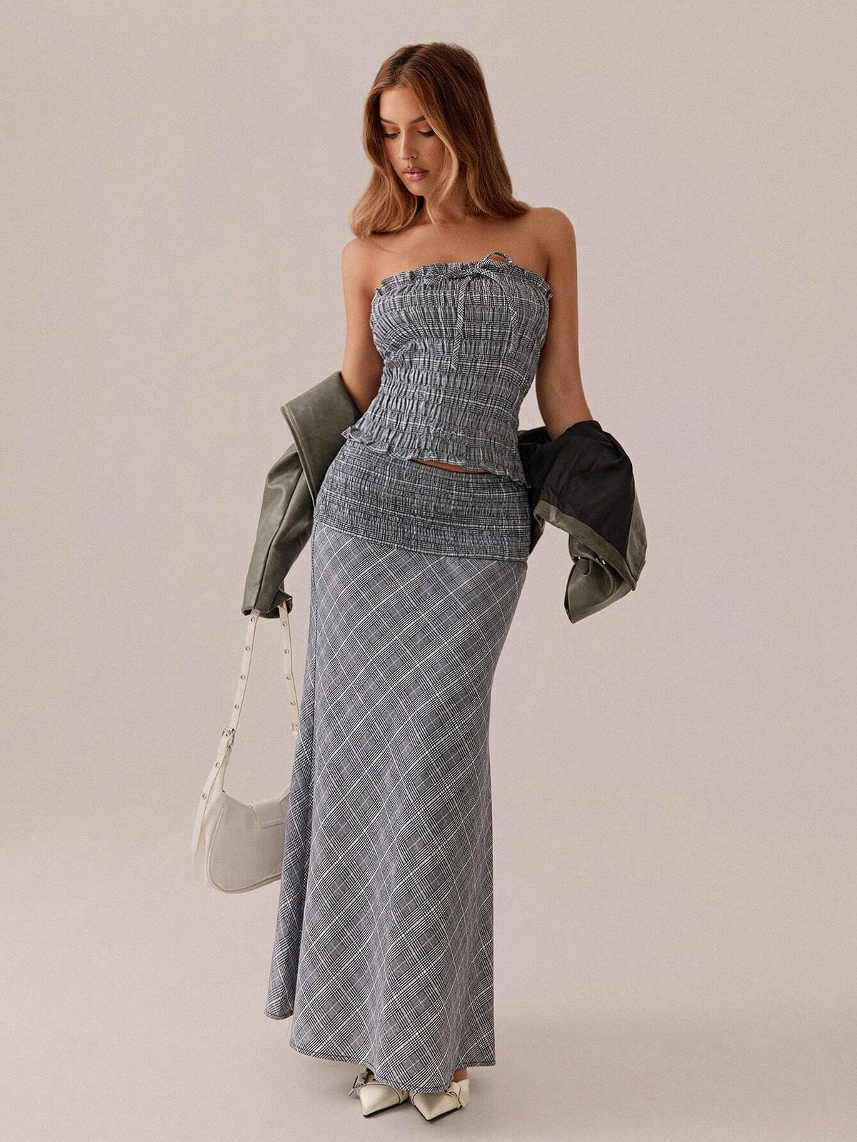SXY Autumn/Winter Casual Retro Versatile Grey & White Plaid Asymmetrical Skirt