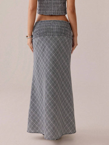 SXY Autumn/Winter Casual Retro Versatile Grey & White Plaid Asymmetrical Skirt