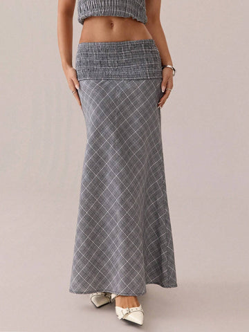 SXY Autumn/Winter Casual Retro Versatile Grey & White Plaid Asymmetrical Skirt